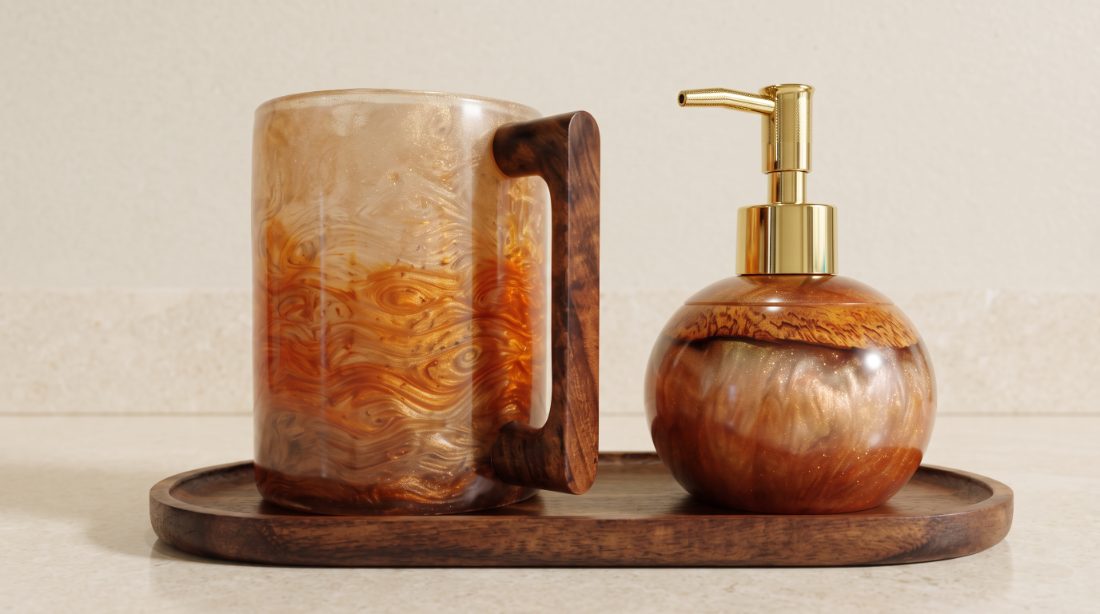 Golden Swirl Resin & Dark Wood Vanity Set